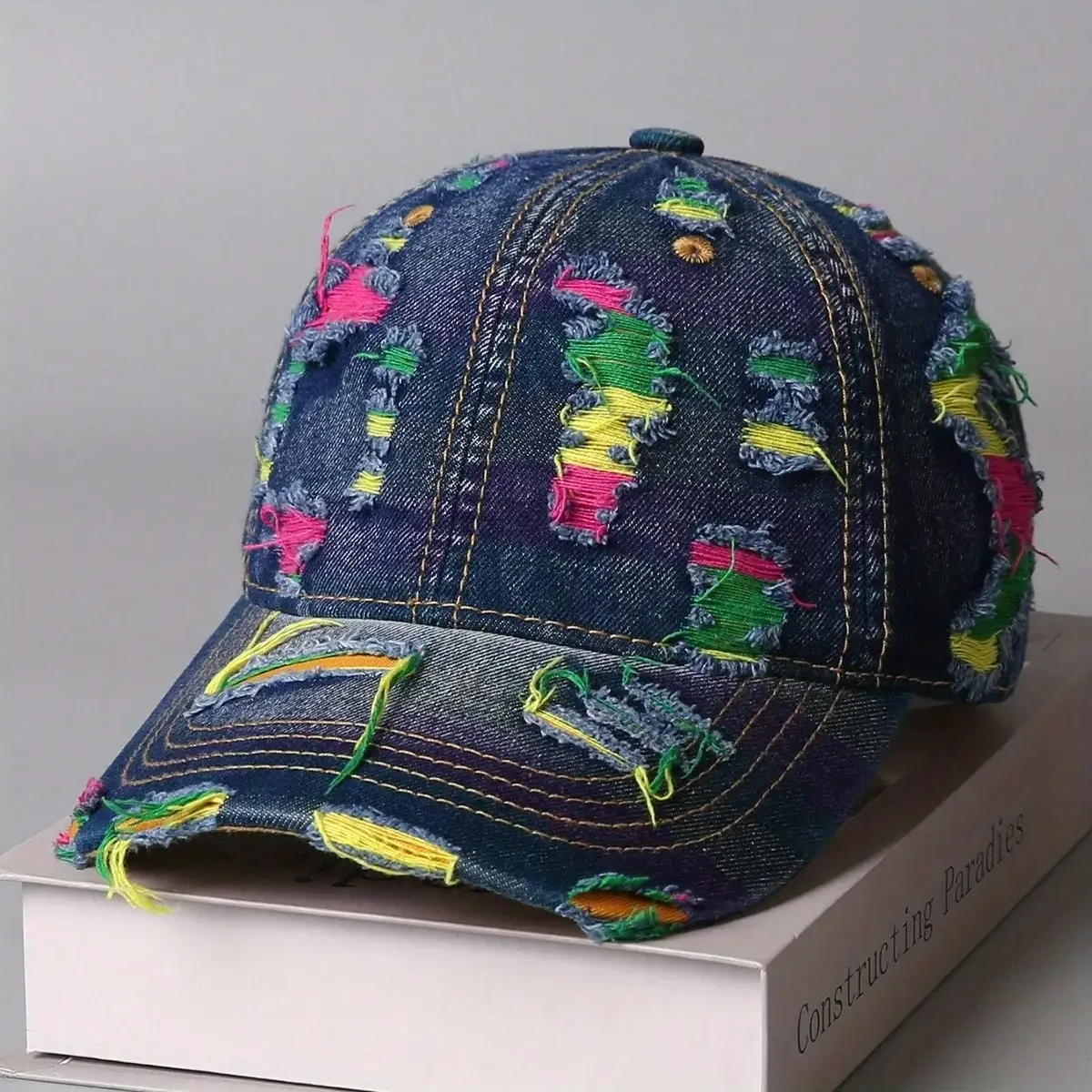 Unisex Vintage Distressed Baseball Cap, Adjustable Ripped Snapback, Breathable Korean Style Summer Hat, Random Colored Thread