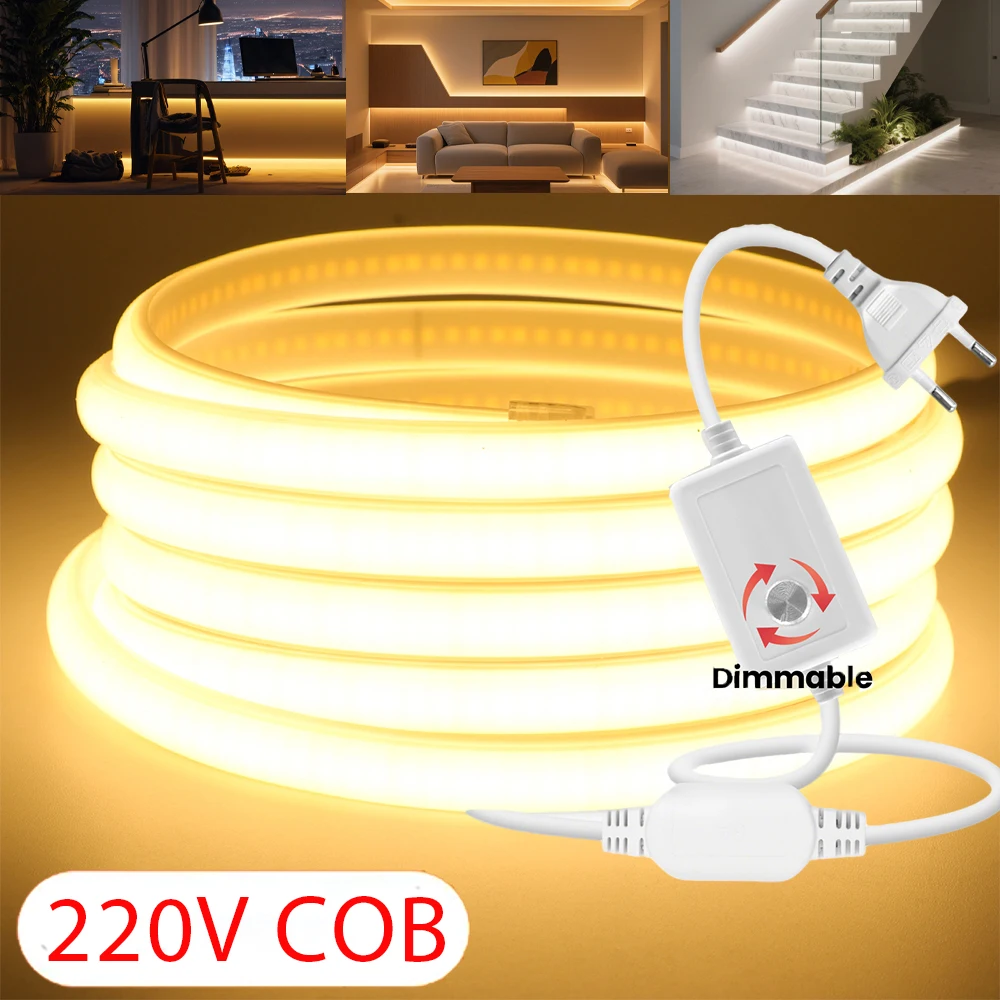 

220 В COB Светодиодная лента с регулируемой яркостью 288 светодиодов ВКЛ/ВЫКЛ Диммер IP67 Водонепроницаемая гибкая неоновая лампа с вилкой европейского стандарта Домашний декор Теплый натуральный белый