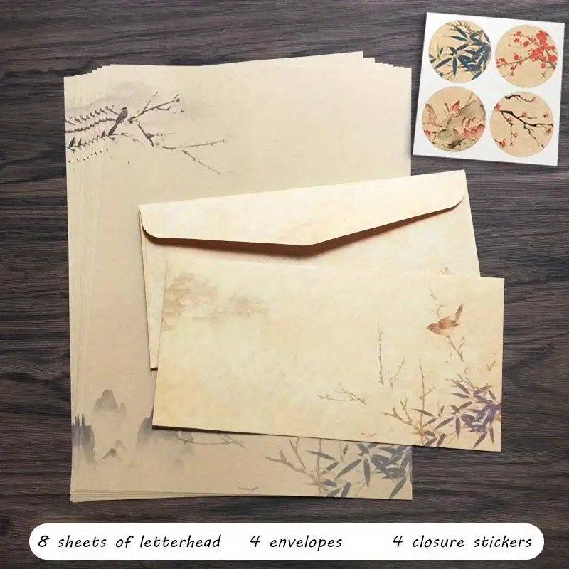 16 pcs Classic Vintage Stationery Set - 8 Papers, 4 Envelopes, 4 Stickers