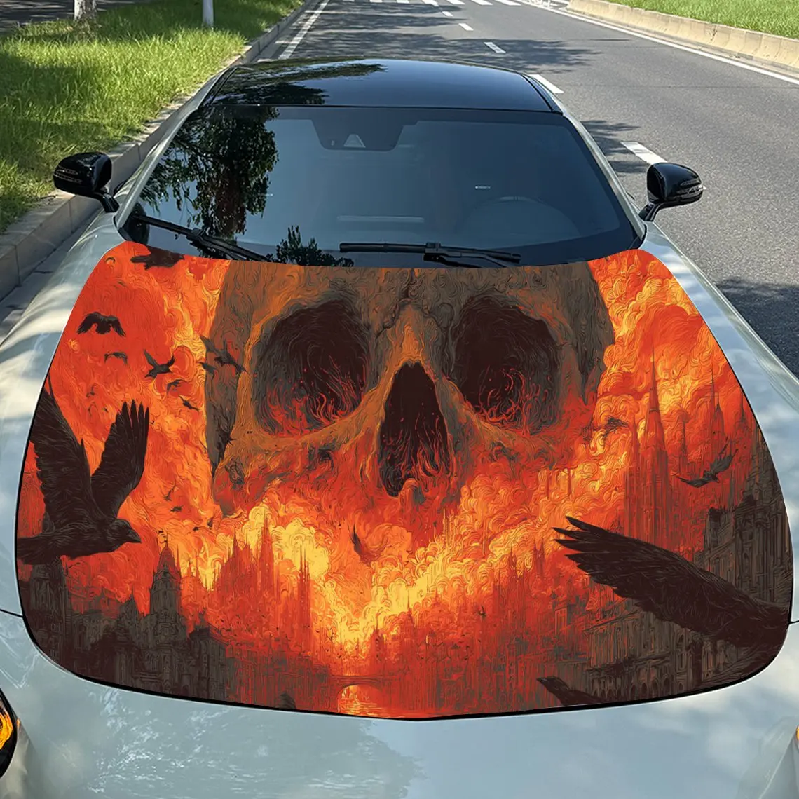 Sinister Fiery Skull Raven Car Hood Stickers - Self-Adhesive, Waterproof and Durable Vinyl Wrap, Decorate And Protect Your Car -