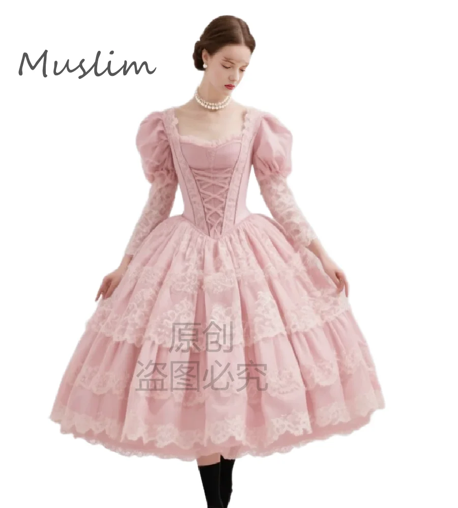 Precioso vestido de noche Medieval de encaje rosa, traje escalonado de manga larga, vestido corto de graduación, vestidos de fiesta de hadas de cóctel de fantasía 2026