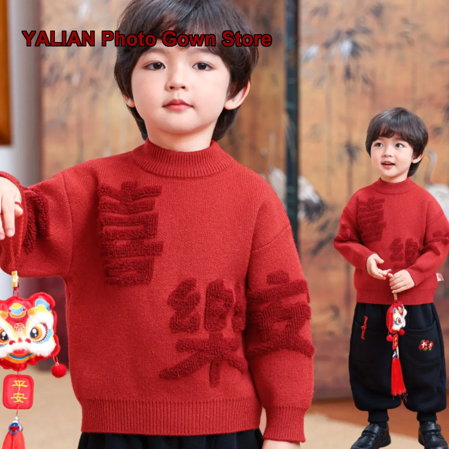 Boys Round Neck New Year Dress 2026 Winter Children Thick Wool Sweater Holiday Greeting Wear Kids