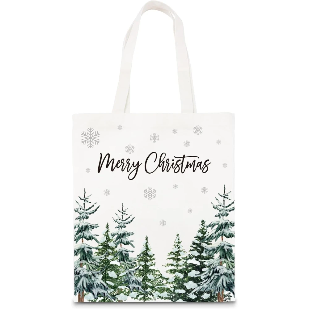 Christmas Canvas Tote Bags Watercolor Tree Snowflake Grocery Shopping Bag Christmas Winter Reusable Gift Goodie Bag for Gifts