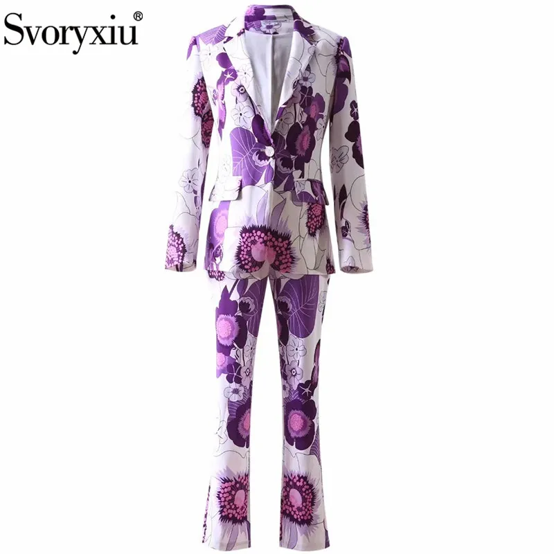 Svoryxiu Runway Designer Autumn Elegance Two Piece Set Women\'s Purple Flower Print Single Button Blazer + Pants Fashion Suit