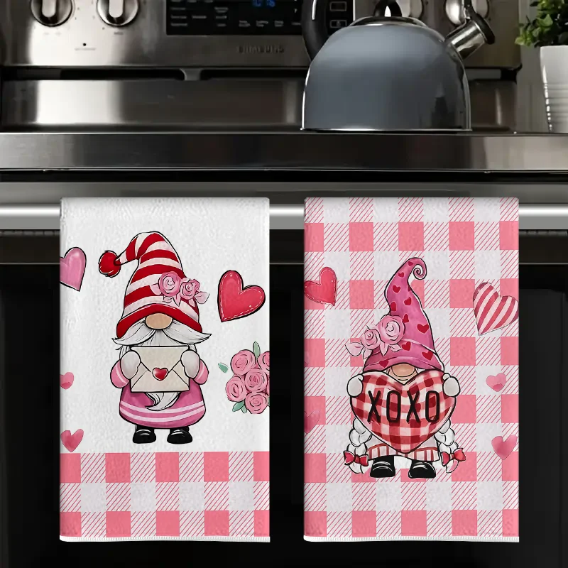 2Pcs, Valentine's Day Pink Plaid Love Letter Gnome Kitchen Towel, 40Cm*60Cm Towel Set, Super Absorbent Soft Cleaning Cloth, Cooking and Baking Tea Towel, Hand Towel, Cleaning Cloth, Dishcloth, Kitchen Decoration, Living Room Decoration, Kitchen Essentials, Home Essentials