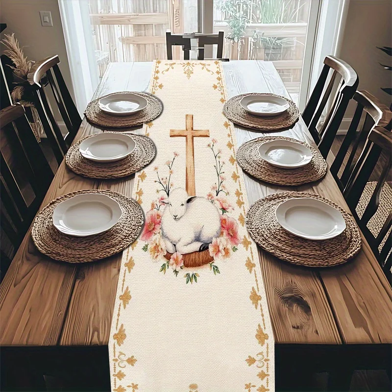 1pc Easter Cross Lamb Floral Table Runner Spring Blessings Decorative Cloth for Kitchen Restaurant Office Coffee Table Decor