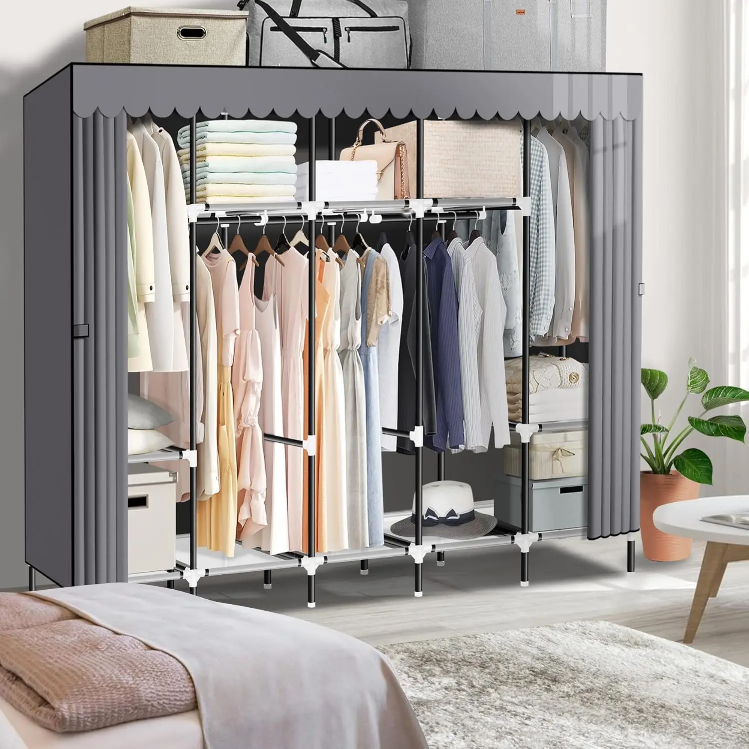 Portable Closet, Great Size 82-Inch Portable Wardrobe with 5 Hanging Areas and 10 Storage Shelves for Hanging Clothes, Extra