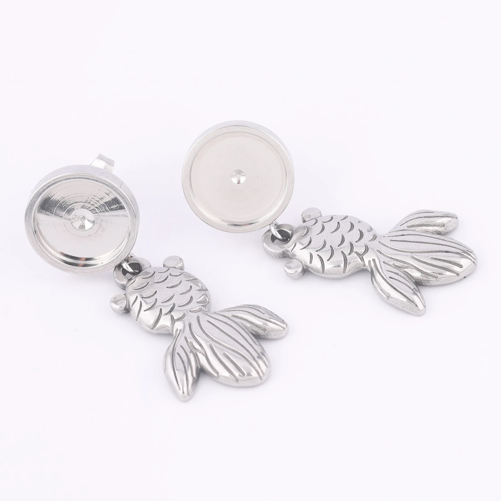 6pcs Stainlss Steel Fit 10mm Cabochon Earring Base Blank Studs With Fish Charms Diy Bezel Findings For Jewelry Making
