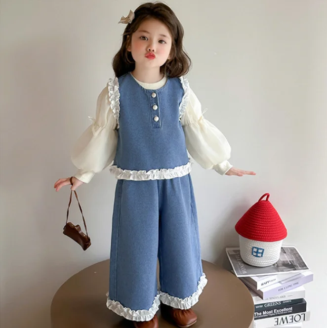 

Новые осенние модные комплекты из 3 предметов для маленьких девочек, жилет + блузка + брюки, элегантные костюмы принцессы, От 2 до 7 лет