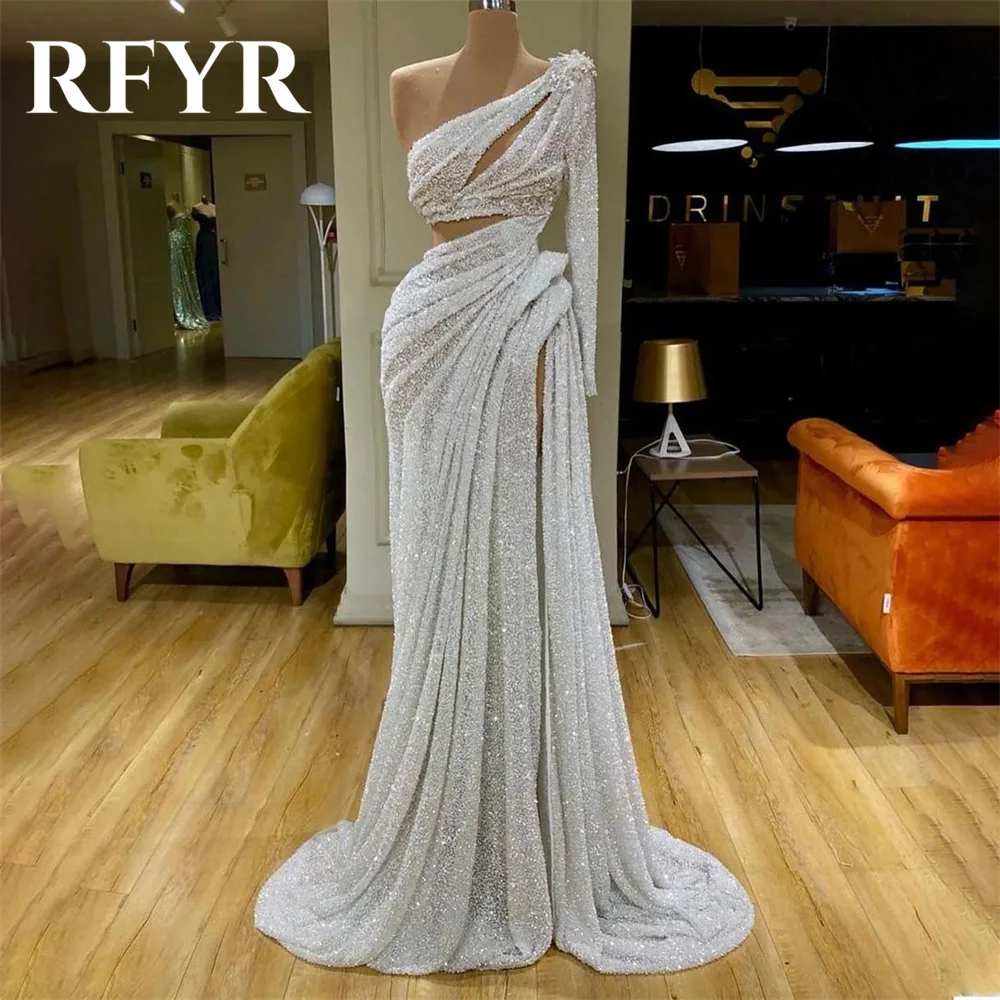 

RFYR White Prom Dresses One Shoulder Mermaid Long Evening Dresses Gliiter Sequins Robe De Soirée with Pleats Split Party Dress