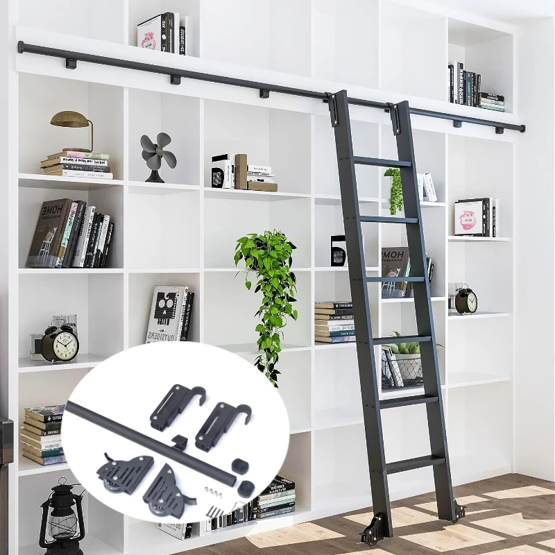 4FT(122cm) Hook on Rolling Library Ladder Hardware Kit NO Ladder,Retractable Sliding Ladder Track,Floor Roller with Brake