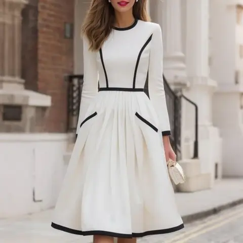 Modigirl Women French Style Elegant Vintage Chic Dress 2026 Color Block Lines Flared Skirt Pockets Formal Office Midi Dresses