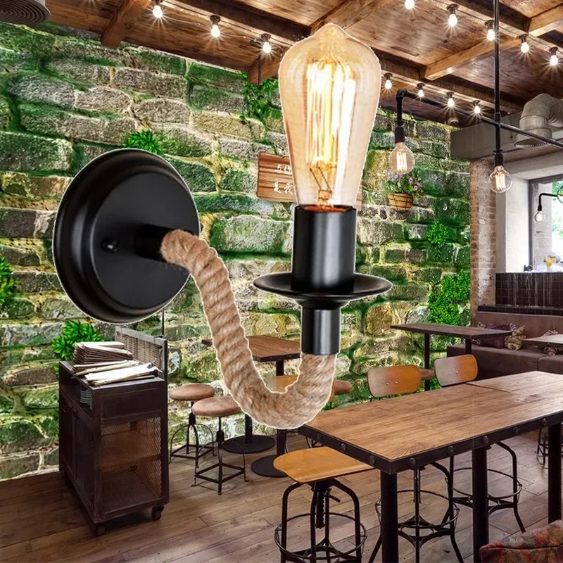 Energy Saver-American hemp rope wall lamp loft retro industrial creative country restaurant coffee shop bar aisle lamp led wall