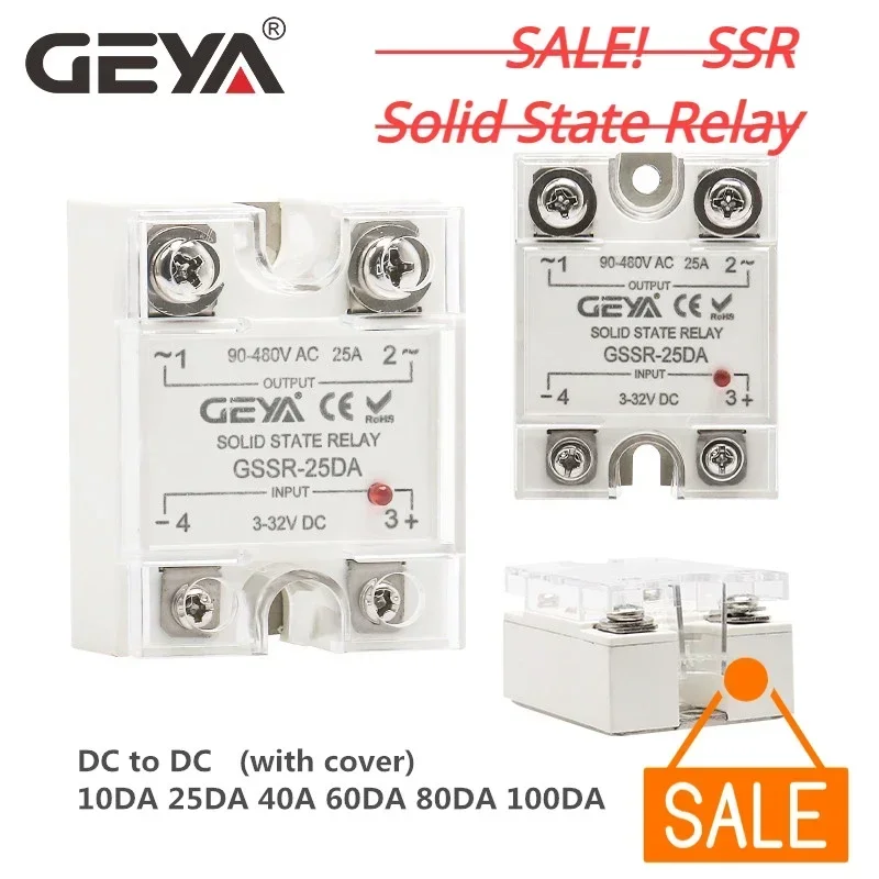 Big Sale GEYA Single Phase Solid State Relay SSR 10DA/25DA/ 40DA/60DA/80DA/100DA DC control AC with Pastic Cover 100A SSR