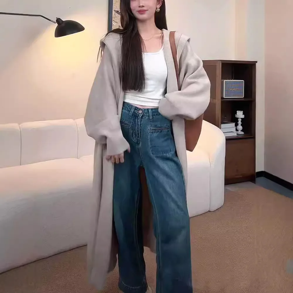 

Women's laid-back hooded long knitted cardigan 2025 Autumn new women's knee-length sweater long coat for women