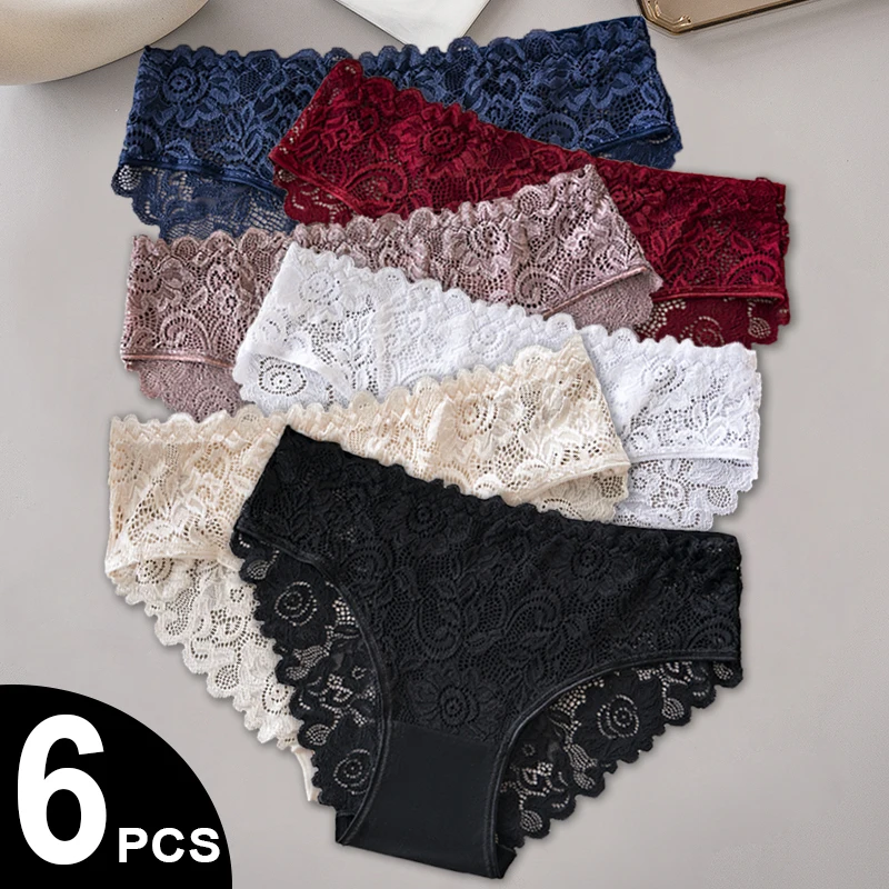 

6PCS/Set Middle Waist Hollow Out Floral Lace Cotton Panties Women Briefs Sexy Lingerie Female Underwear Ladies Soft Underpants