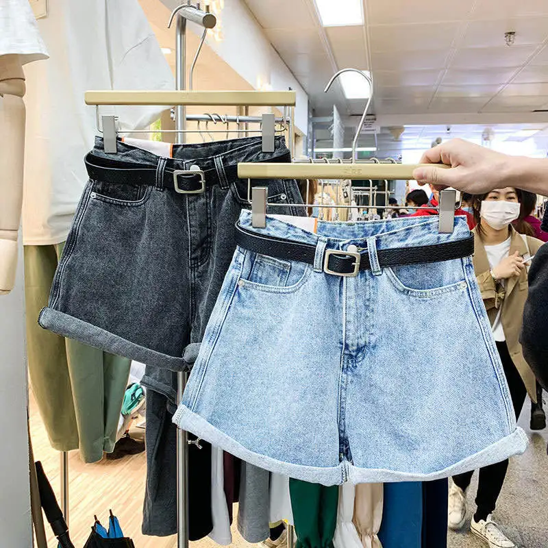 High Waist Wide Leg Short Jeans for Women Summer New Style Slimming A-Line Hot Pants Trendy Cuffed Denim Shorts Female