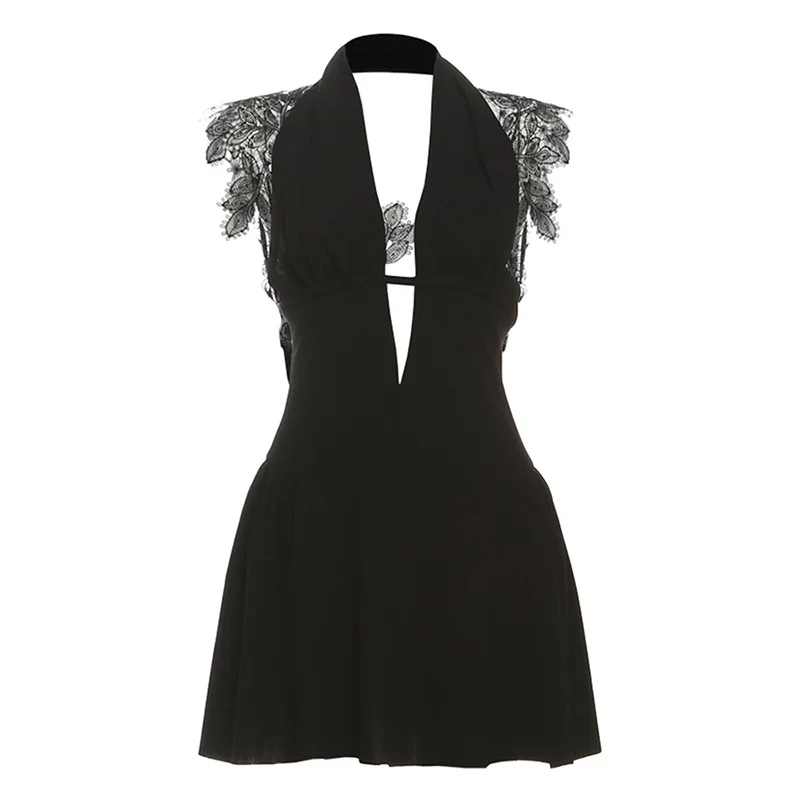 ヨーロッパとアメリカの夏の新しい欲望、深いVネックのホルターネック、フレンチウエストシェイプドレス、女性用