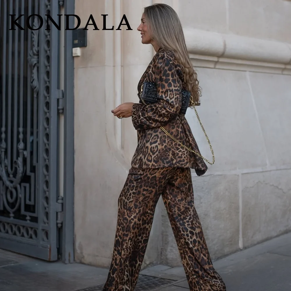 KONDALA 2025 خريف شتاء ليوبارد مكتب سيدة الدعاوى موضة أنيقة وشاحات واحدة الصدر النساء بليزرات زمم السراويل المستقيمة