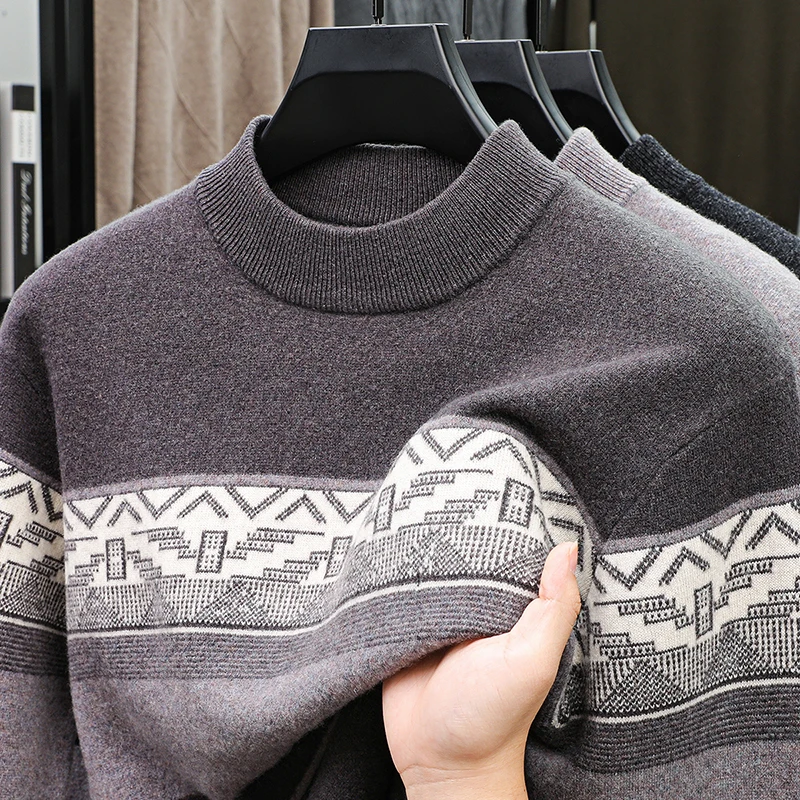 Wool100% Men High Quality Autumn Winter Sweater Round Neck Jacquard 12needle Craftsmanship Long Sleeves Sweater Exquisite Tops