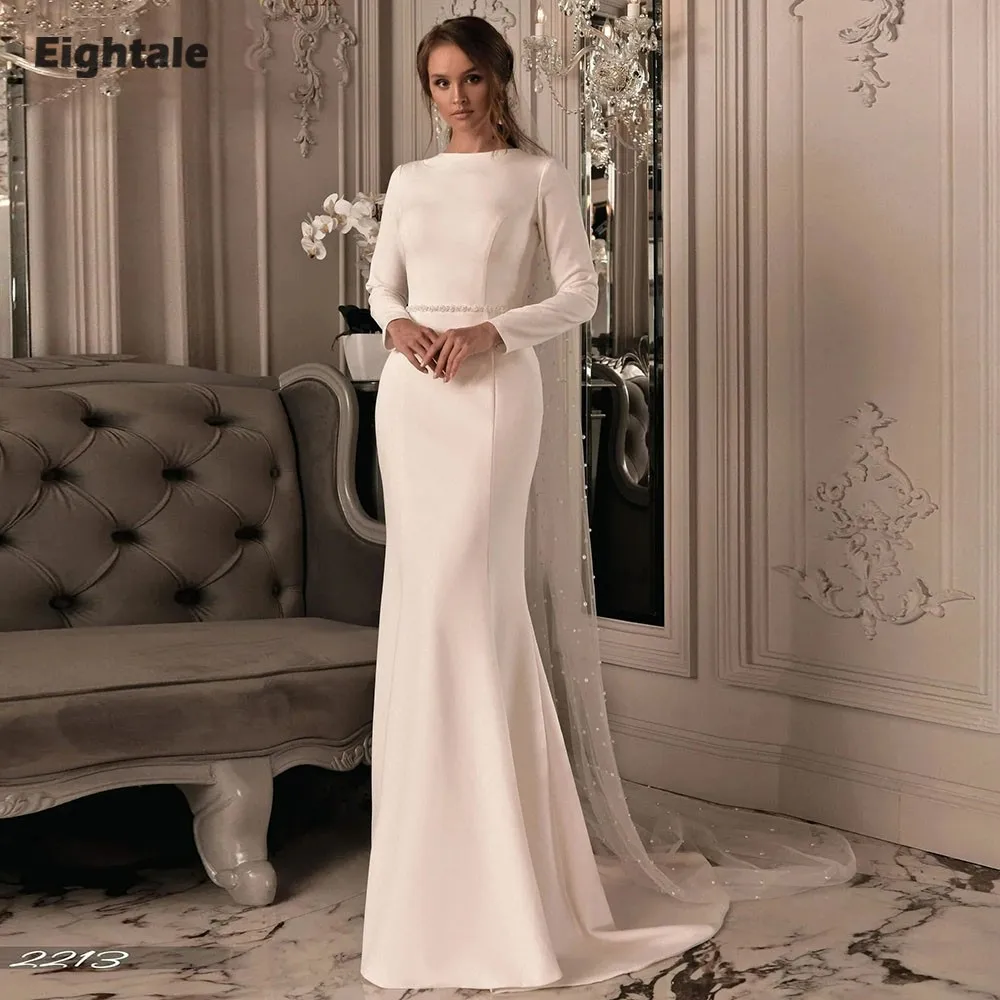 

Eightale арабское свадебное платье по индивидуальному заказу цвета слоновой кости с круглым вырезом атласное свадебное платье с поясом и длинными рукавами мусульманское вечернее платье русалки невесты