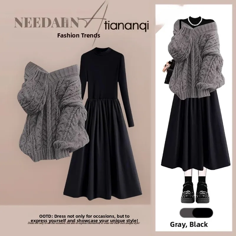 

Autumn Knitted Sweater Dr Slimming Crop Top And Skirt Set Vintage Twist oulder Design Long Sve for plus Size Women