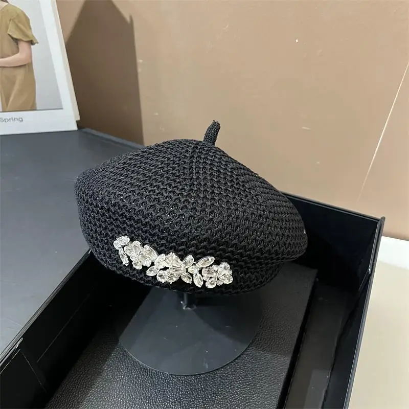 Summer bonnet breathable and stylish beret rhinestone designer French cotton polyester small artist fashion hat octagonal hat