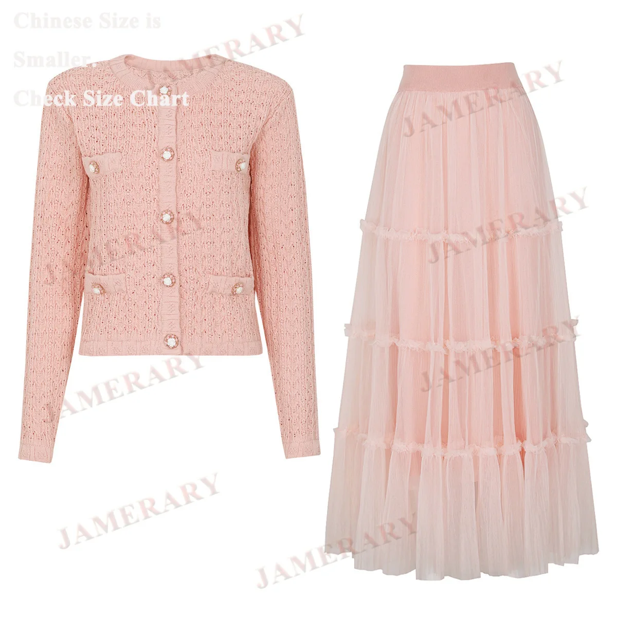 

Brand Spring Autumn Knitted Two Piece Set Women Single Breasted Flower Button Cardigans Tulle Long Skirts Suits 2pcs Outfit