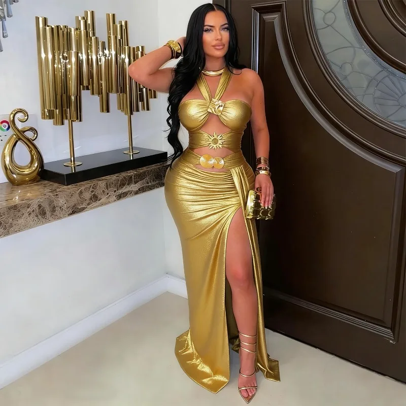 Hollow Out Metal Buckles Metallic Gilding Ruched Bodycon Maxi Party Dress Women Sexy Ribbon Lace Up Halter Backless Long Robe