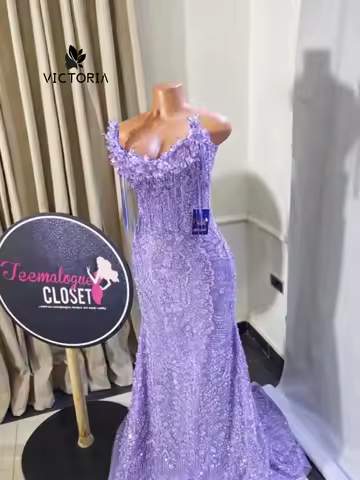 Light Purple Strapless 3D Floral Tassel Mermaid Prom Dress Beaded Lace Formal Evening Party Gown Customized