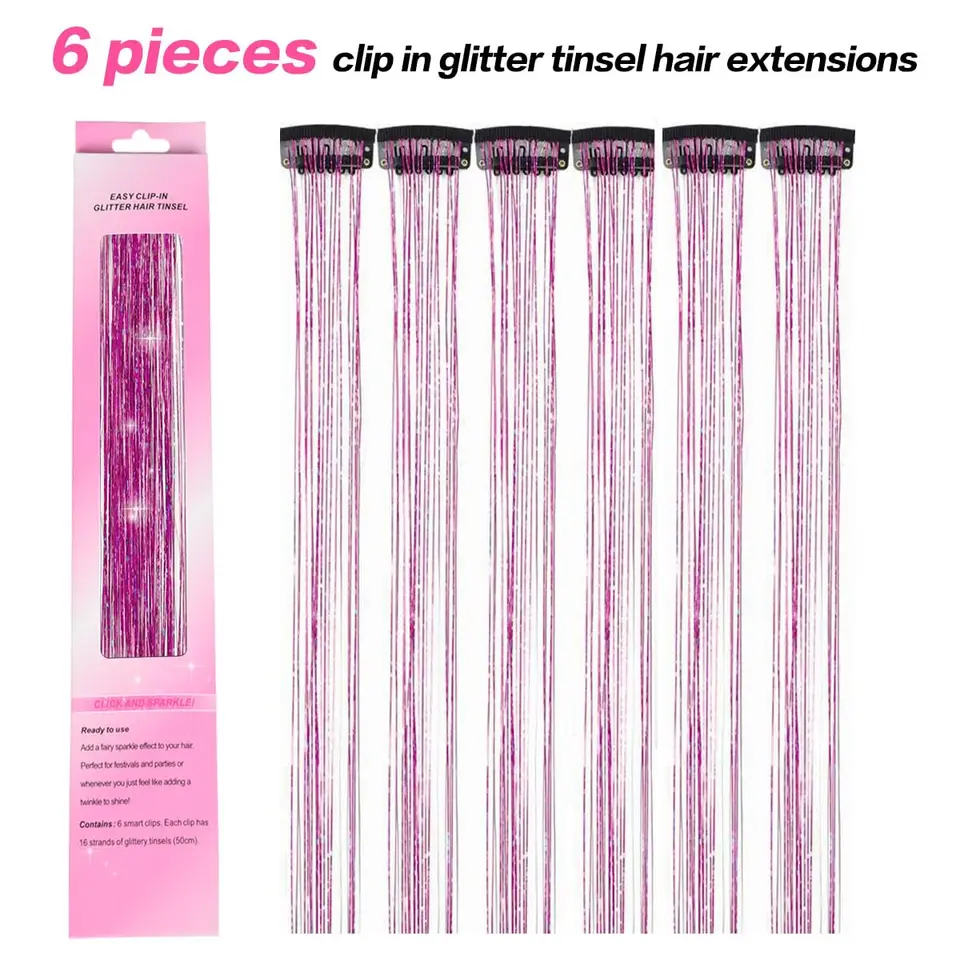 Extensiones de cabello sintético de 20 pulgadas con clips y brillantina, 6 piezas por set, resistentes al calor, para mujeres y niñas 2