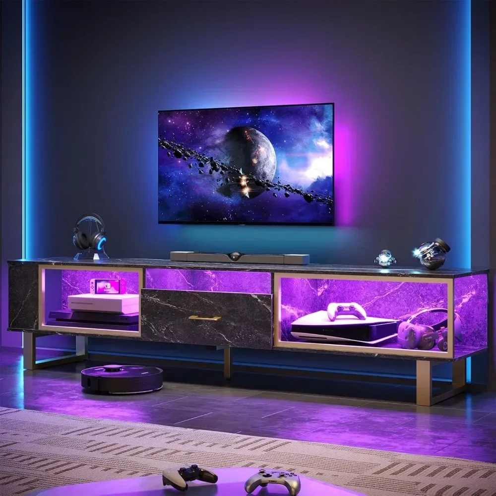 80 Inch TV Stand for 65/75/85/90 Inch TVs, LED Gaming Entertainment Center with Open Storage, Modern High Gloss Media Console