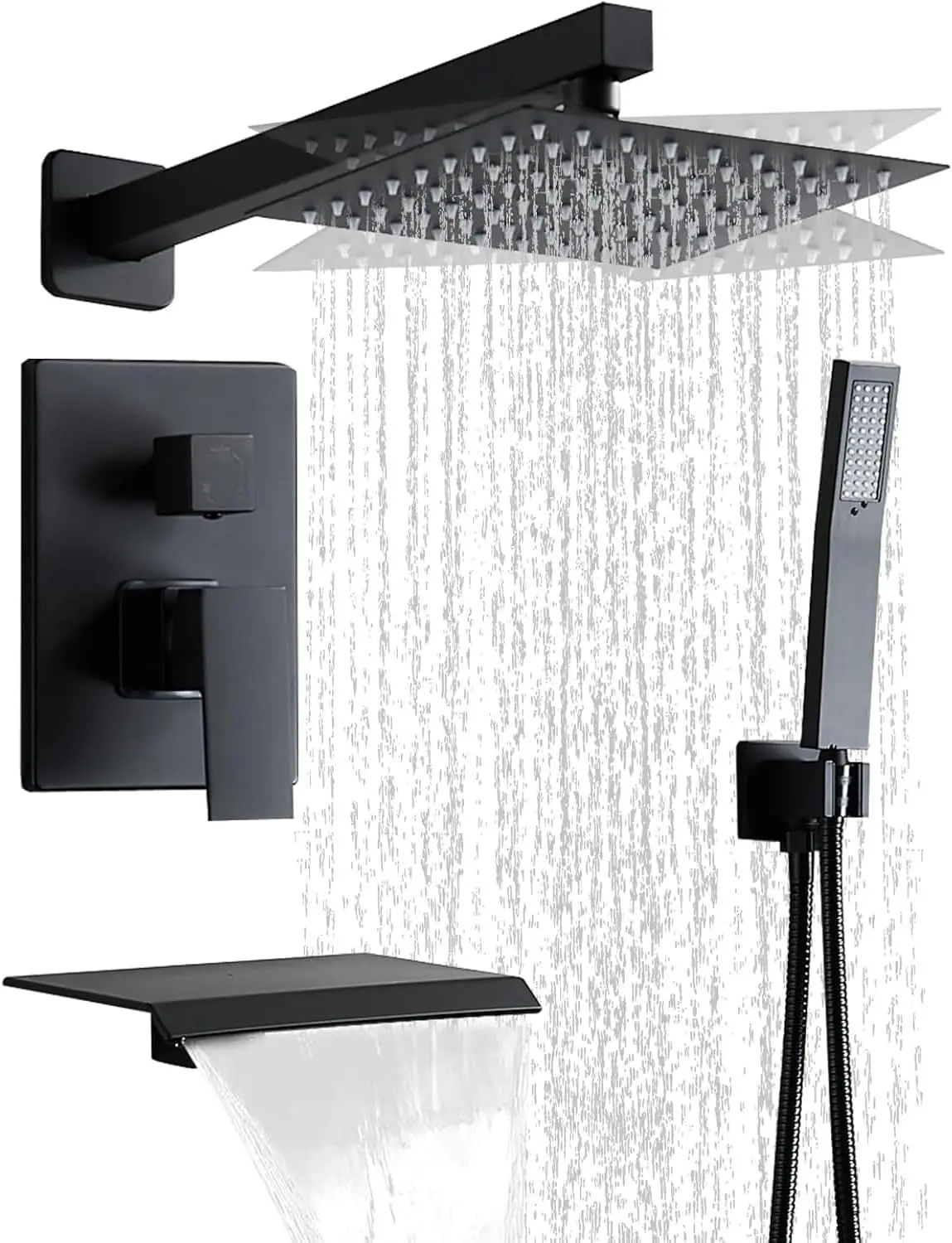 

Matte Black Shower Set with Square Wall Mount for Modern Bathroom