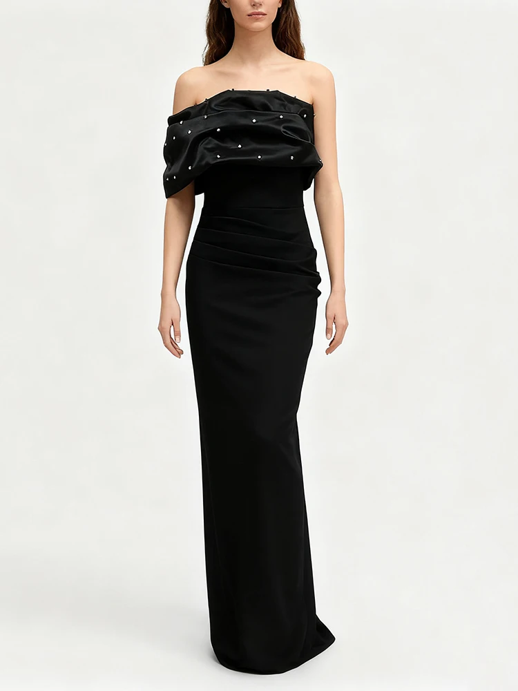 Sexy une épaule perlée plis robe de pansement femmes noir sans bretelles plissé perle longue robes moulantes robes de soirée
