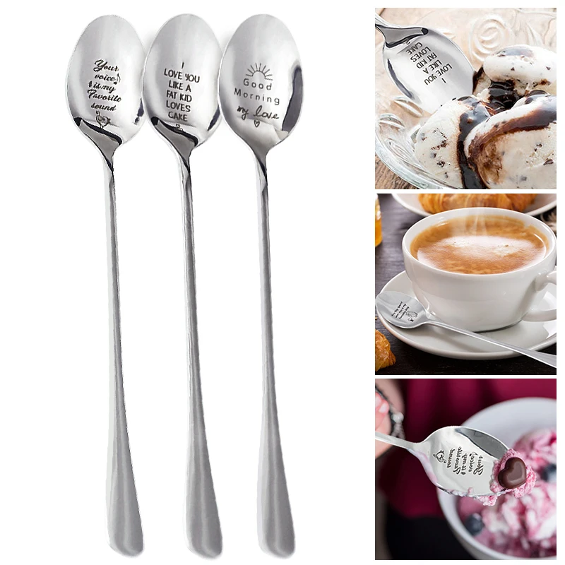 Lettering Coffee Spoon Long Handle Tea Ice Cream Tableware Stainless Steel Engraved Spoon Valentines Day Present For Girlfriend