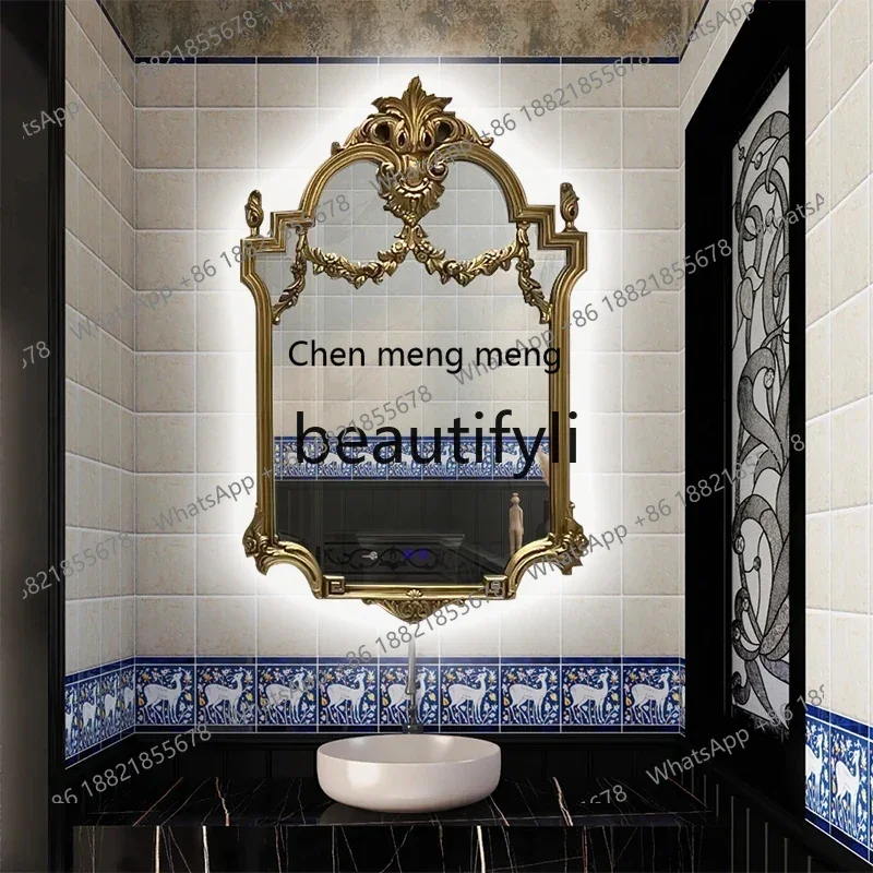 

zq1French retro bathroom smart bathroom cosmetic mirror wall-mounted high-end luxury carved entrance fireplace decorative mirror