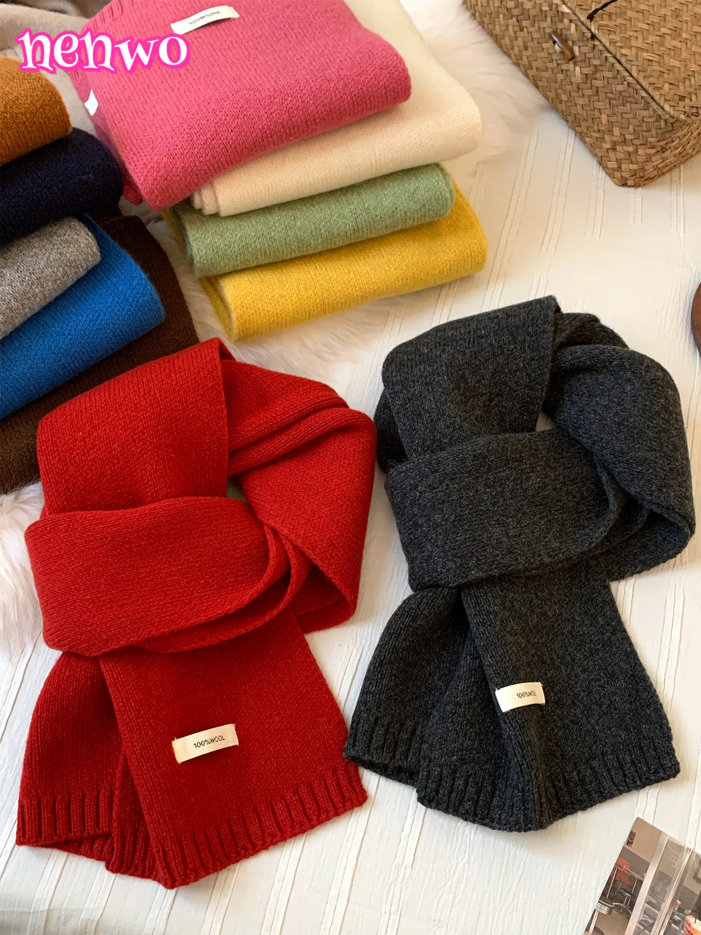 

Шерстяной однотонный вязаный шарф для женщин, новый зимний утолщенный теплый корейский стиль, высококачественный милый маленький шарф с защитой шеи