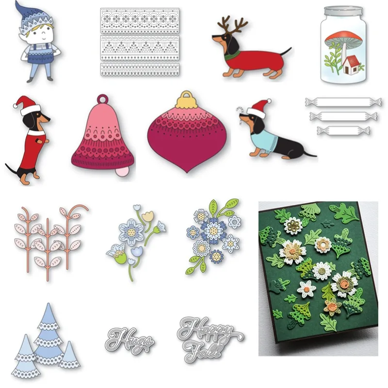 Flower Christamas Bell Elf Trees Dachshund Forest Bow Cottage  Metal Cutting Dies Silicone Stamps Scrapbooking Make Photo Album