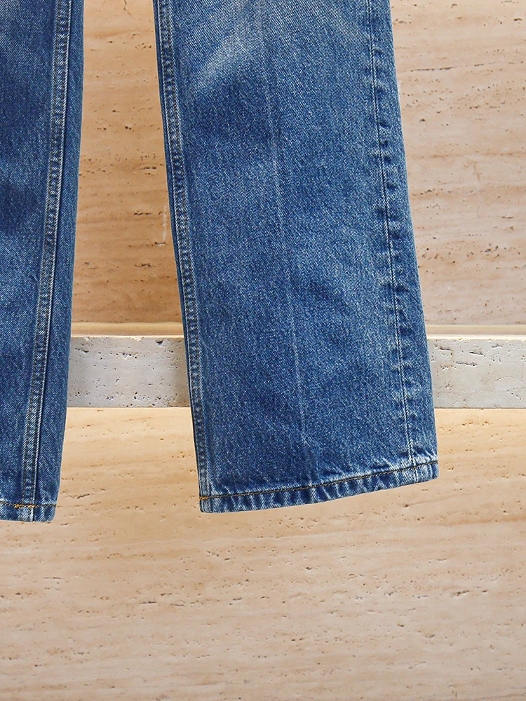 

High Waist Long Straight Blue Denim Jeans Women's Premium Faion S Home South Oil Chain Pattern Wide Leg Trousers