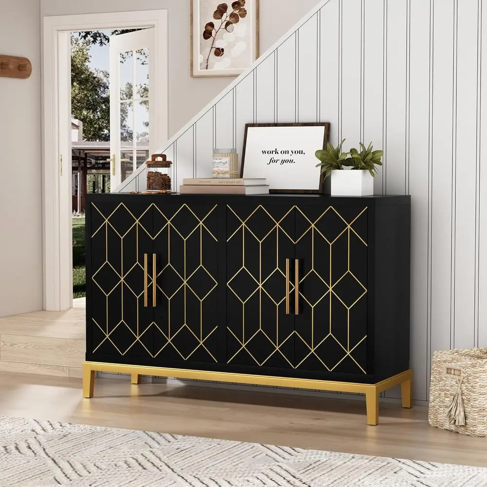 

Декоративный шкаф для хранения вещей с 4 дверцами и полками, идеально подходит для гостиной, столовой, кухни, черный цвет