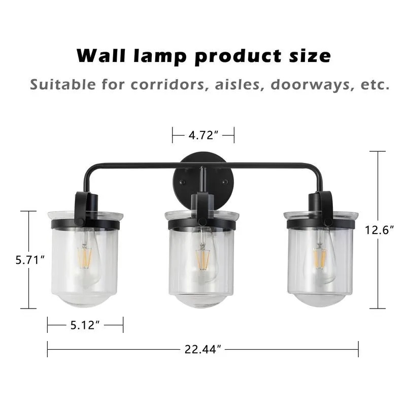 3-Light with Clear Glass Shade，Modern Sconce， Industrial Indoor  Light Fixture for Bathroom Living Room Bedroom Over Kitchen Sink，E26 Socket,  [No Bulb]