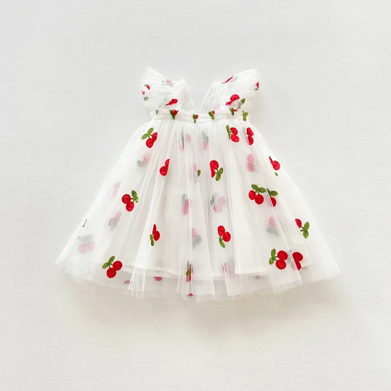 Baby Girls Dress 2024 Summer Vintage Floral Mesh Tutu Princess Dress Birthday Party Strap Dress for 1-5Y Toddler Kids Clothes