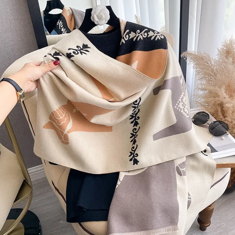 Luxury Warm Poncho Cashmere Winter Women Scarf Horse Print Shawl Wraps Female Thick Pashmina Blanket Bufanda Travel Echarpe 2024