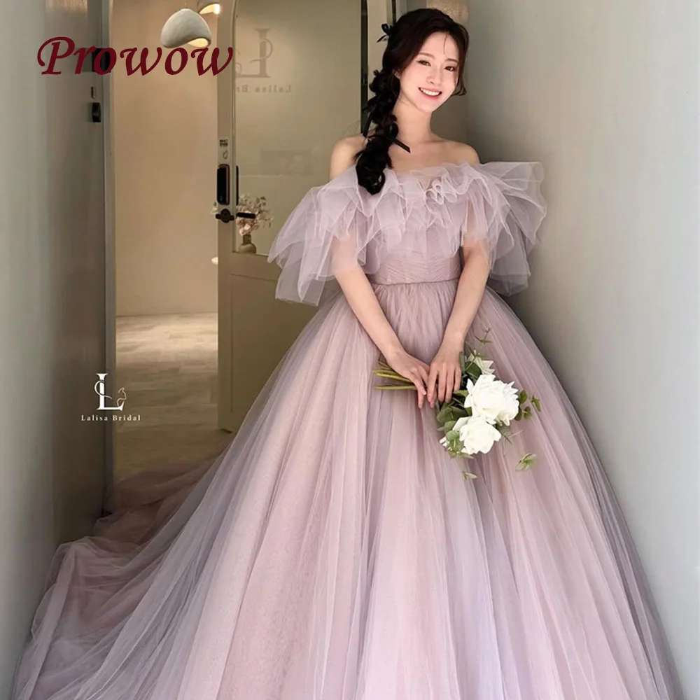 

Prowow Luxury Purple Prom Dress Off the Shoulder Pleats Tulle Korea Wedding Photoshoot Party Gowns Sweep Train Corset Customized