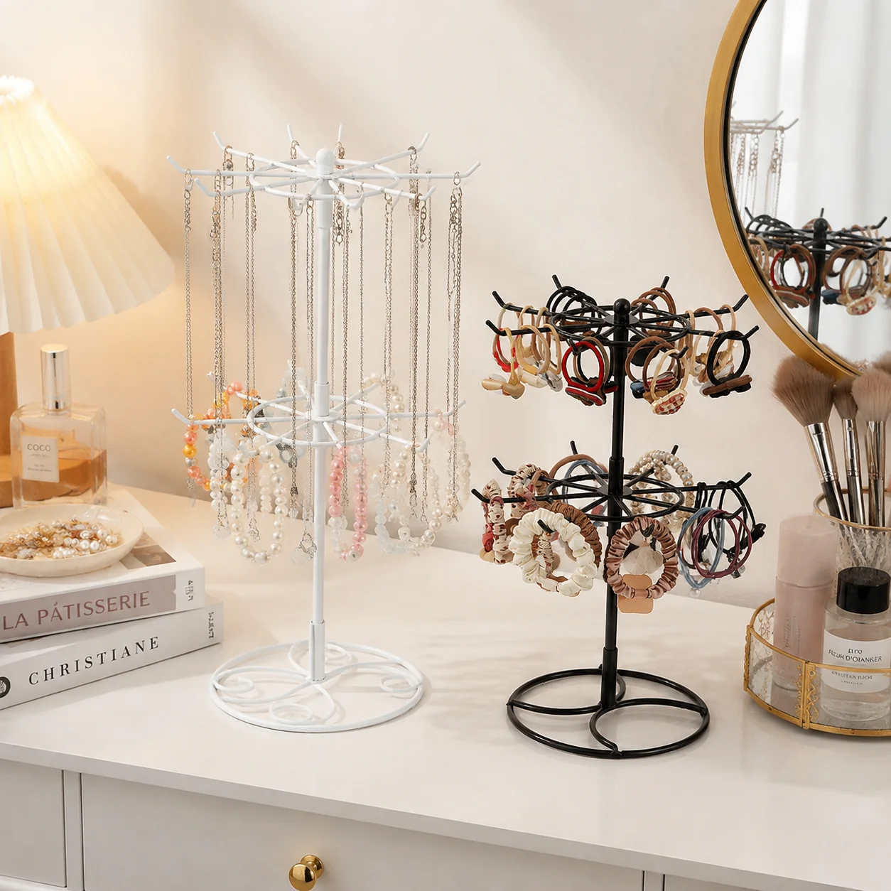 360° Rotating Dual‑Layer Jewelry Display Stand Metal Necklace Bracelet Holder Desktop Hair Tie Organizer Rack Home Storage Gift