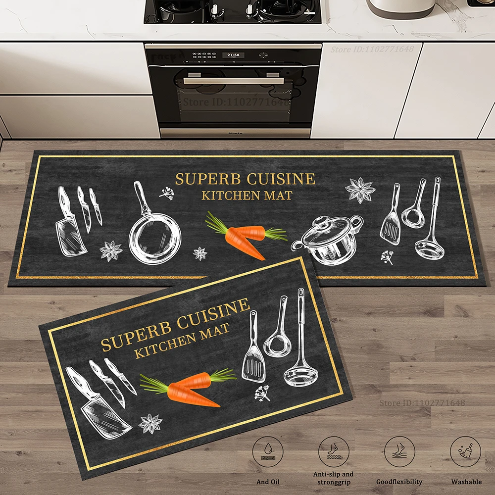 Kitchen Corner Floor Mat  Waterproof Carpet Non-slip Foot Mats Long Carpets Rug Black Plaid Home Decoration Rugs Washable Mat