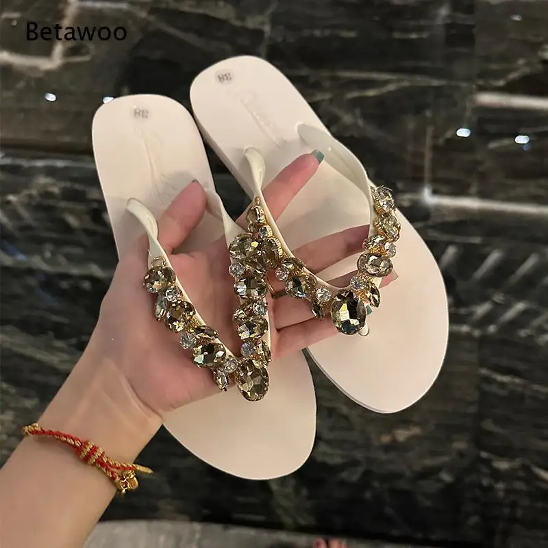 Luxury Heavy Rhinestone Flat Toe Ring Slippers Women Summer Beach Slides Casual Non Slip Vacation Outdoor Shoes