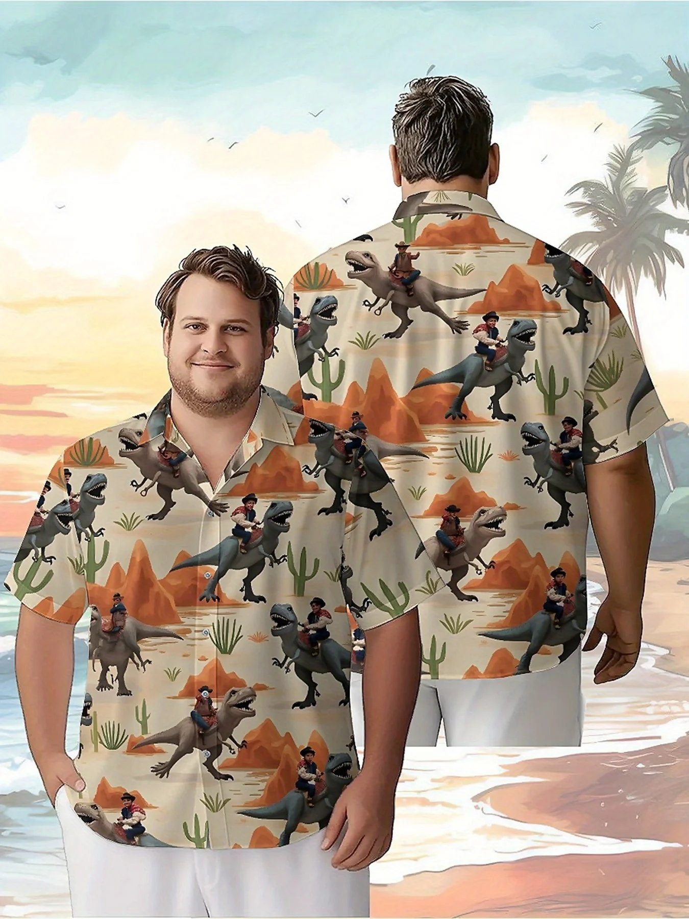 

Men's Plus Size Hawaiian Shirts Dinosaur Rider pattern, Button Up Shirts, Unisex Casual Clothing, Summer Tops