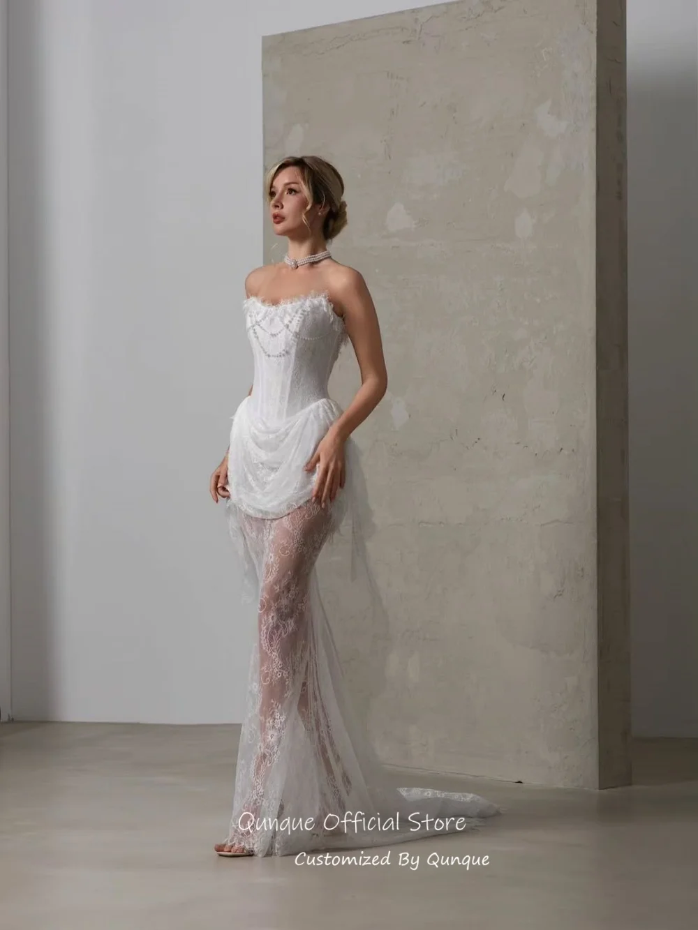 Qunque Illusion Appliqué Mermaid Wedding Dresses Delicate Pearl Bridal Gown Bohemian Pleated Vestido De Novia Boda Customized