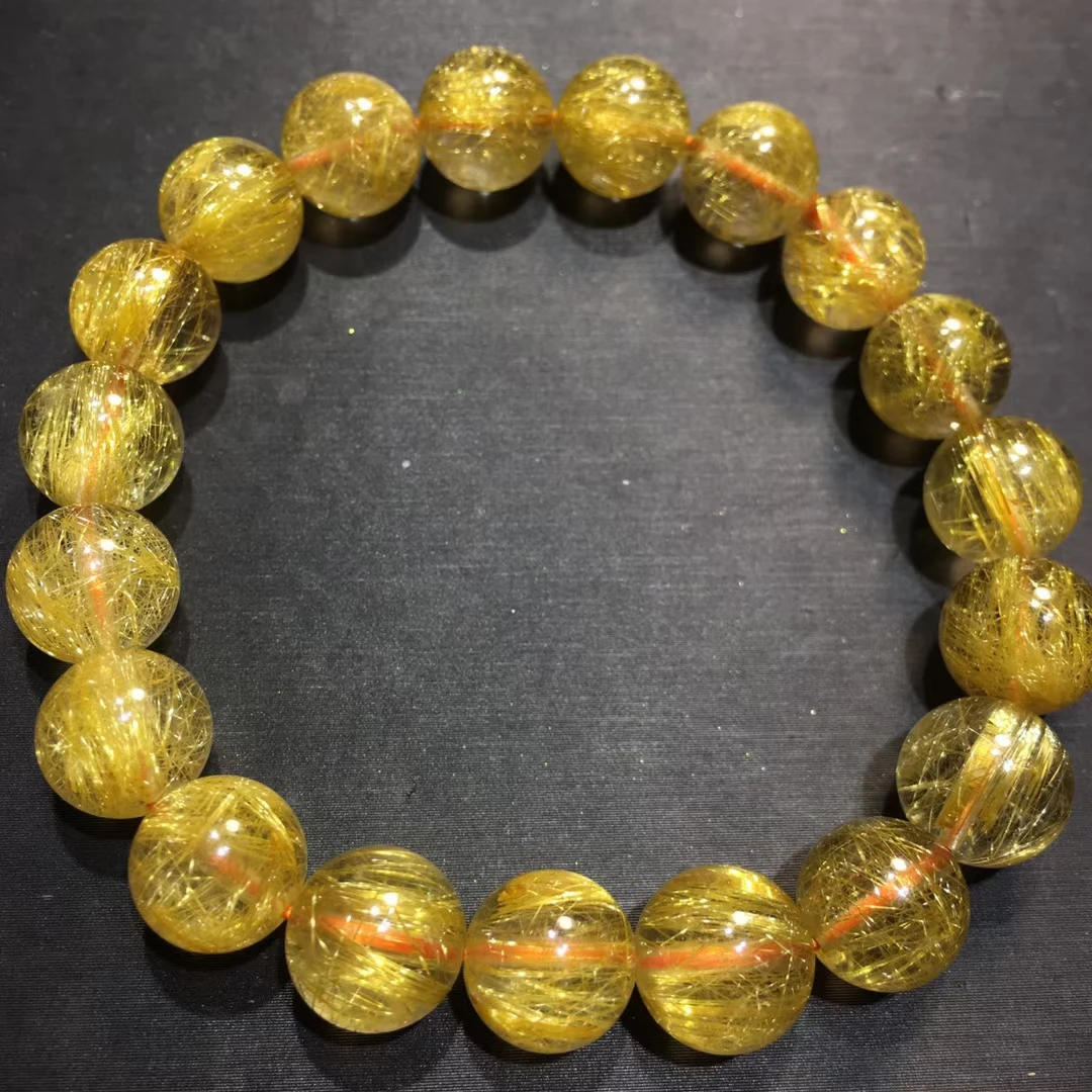 Natural Gold Rutilated Quartz Clear Round Beads Bracelet Cat Eye Women Men 10mm Fashion Big Size Bead Wealthy Stone AAAAAAA